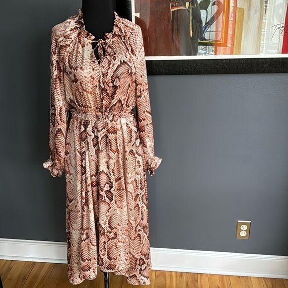 THML rust/brown tones stretch snakeskin print ruffle accent midi. Small.